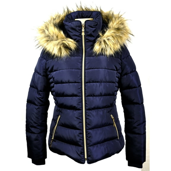 Winter Quilted Puffer Coat for Women Fleece Lined Warm Jacket with Removable Faux Fur Hood