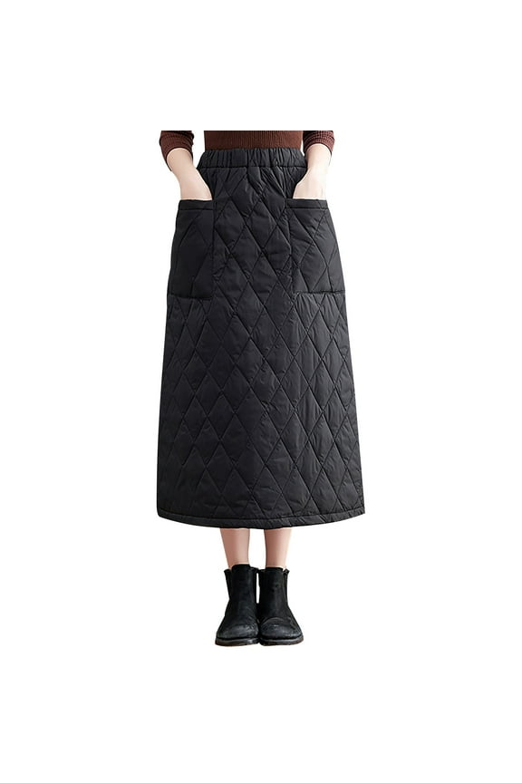 Winter Quilted Skirt for Women Elastic Waist A-Line Insulated Warm Outdoor Snow Maxi Long Skirt with Pockets