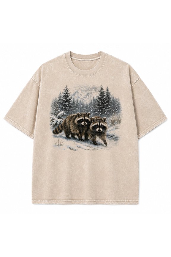 Winter Raccoon Forest Washed T-Shirt, 100% Heavyweight Cotton, 180 GSM, Unisex Classic Fit, Front Graphic