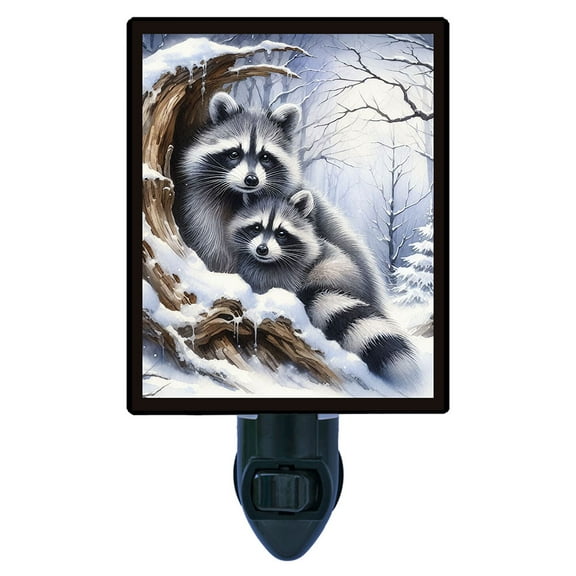 Winter Raccoons Night Light  Adorable Woodland Animals in Snowy Forest Scene Wildlife Cabin Dcor  Includes Free Switchable Insert
