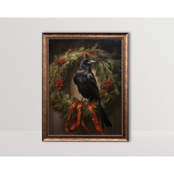 Winter Raven, Dark Academia Wall Art, Gothic Crow Wreath Festive Rustic Decor Vintage Moody Winter Poster 67, Unframed Poster Size 16x24