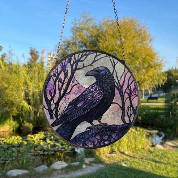 Winter Raven Glass Suncatcher, Raven Wall Decor Window Hanging, 6.3 in