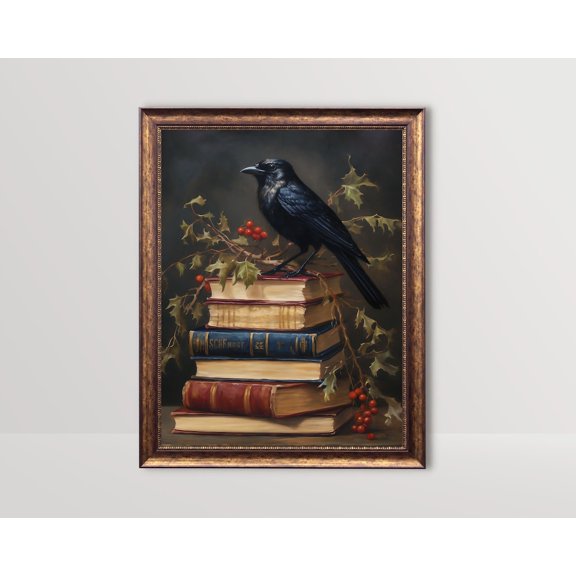 Winter Raven On Books Dark Academia Wall Art Gothic Crow Festive Rustic Decor Moody Winter Style Two, Unframed Paper Print