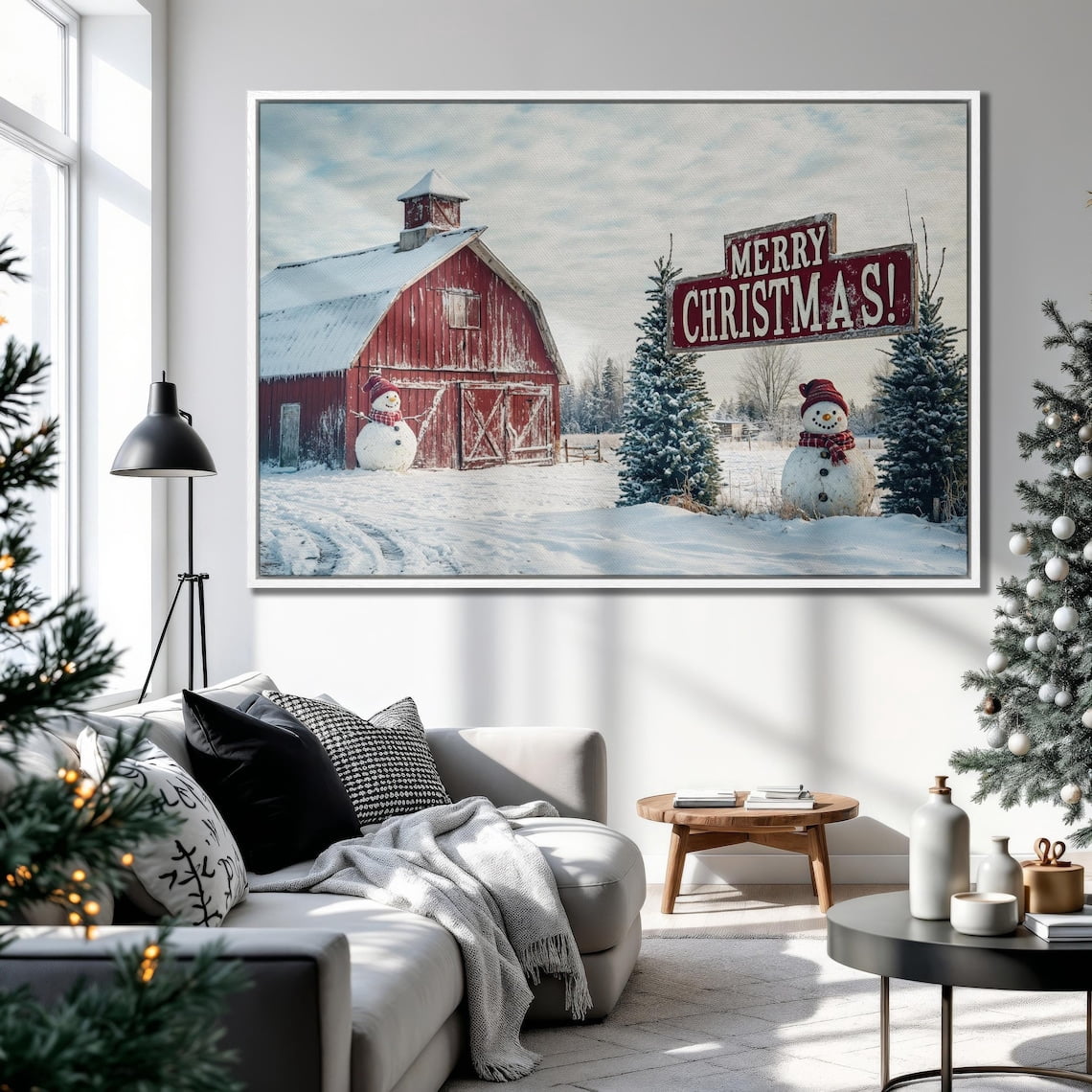 Winter Red Barn And Snowmen Print Merry Christmas Wall Art Snowy ...