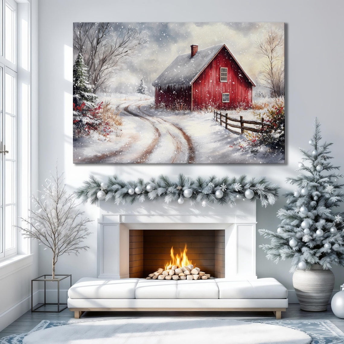 Winter Red Barn Wall Art Winter Snowy Landscape Poster Season Poster ...