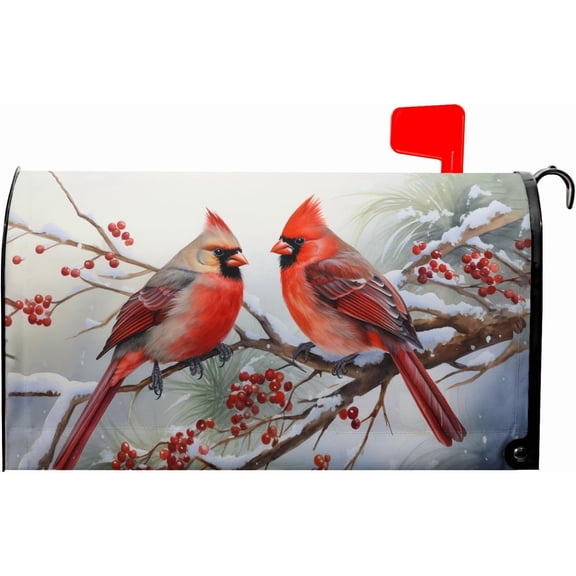 Winter Red Bird Mailbox Covers Magnetic Standard Size 18"" X 21"",Holly Berry Branches Snow Mailbox Wraps Post Letter Box Cover for Christmas Holiday Garden Yard Decor