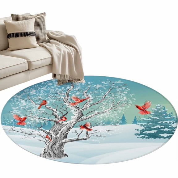 Winter Red Bird Round Area Rug 3ft Abstract Art Tree Snow Scenery Christmas Non-Slip Washable Circle Rugs Soft Felt Indoor Floor Mat for Bedroom Kitchen Living Room Bathroom