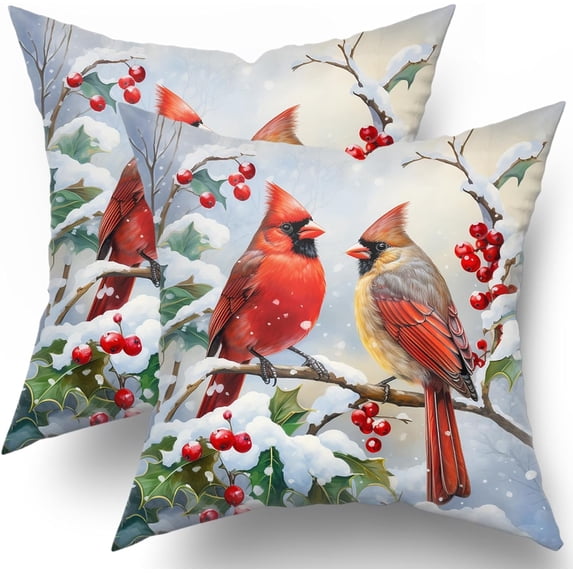 Winter Red Bird Throw Pillow Cover Set of 2 20x20 Inch Winter Christmas Pillowcase Nature Birds Scene Cushion Covers Farmhouse Pillow Protector for Home Bedroom Sofa