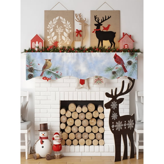 Winter Red Cardinal Mantel Scarf for Fireplace 90 x 17 inches Pine Branches Pinecones Snowflakes Decorations Fireplace Mantle Scarf Cover Mantel Top Runner for Home Festive Party Supplies