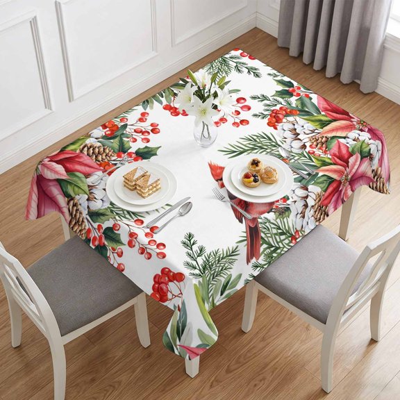 Winter Red Cardinal Poinsettia Berry Table Cloth 60x84in, Waterproof Rectangle Tablecloth Wipeable Tablecloths Christmas Botanical Bird Table Covers for Dining Tables Party Indoor Outdoor