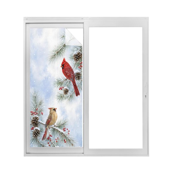 Winter Red Cardinal Window Privacy Film Pine Branches Pinecones Snowflakes Decorative Glass Window Film UV Blocking Static Cling Non-Adhesive Sticker Covering for Home Door 17.7 x 39.3 inches
