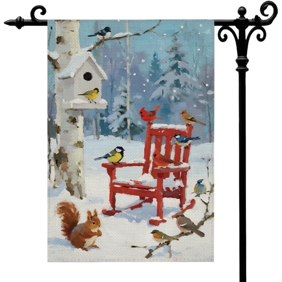 Winter Red Chair Birds Garden Flag For Outside Cardinal Blue Jay Bluebird Chickadee Squirrel Birdhouse Winter Yard Decorative Flag Xmas Gift 12x18 InchesA698