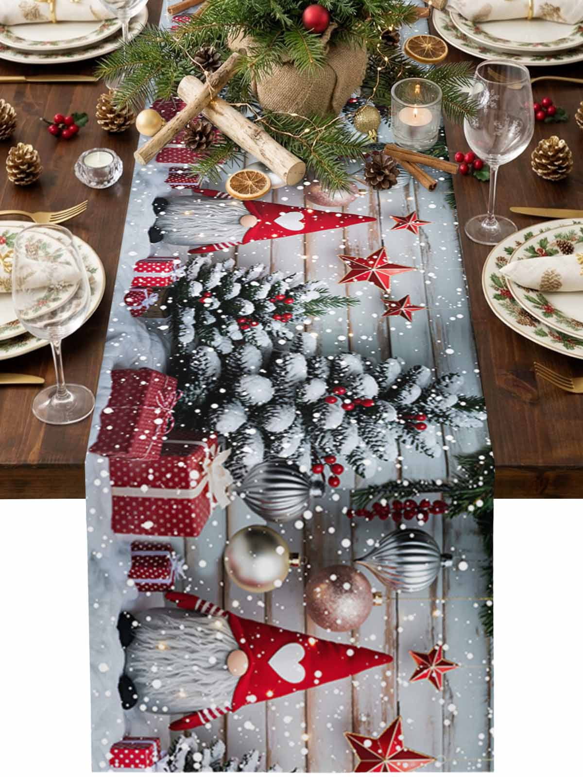 Kitchen Table Toppers Winter Red Cotton Linen Table Runner Christmas Gnome Star Snowflake ...