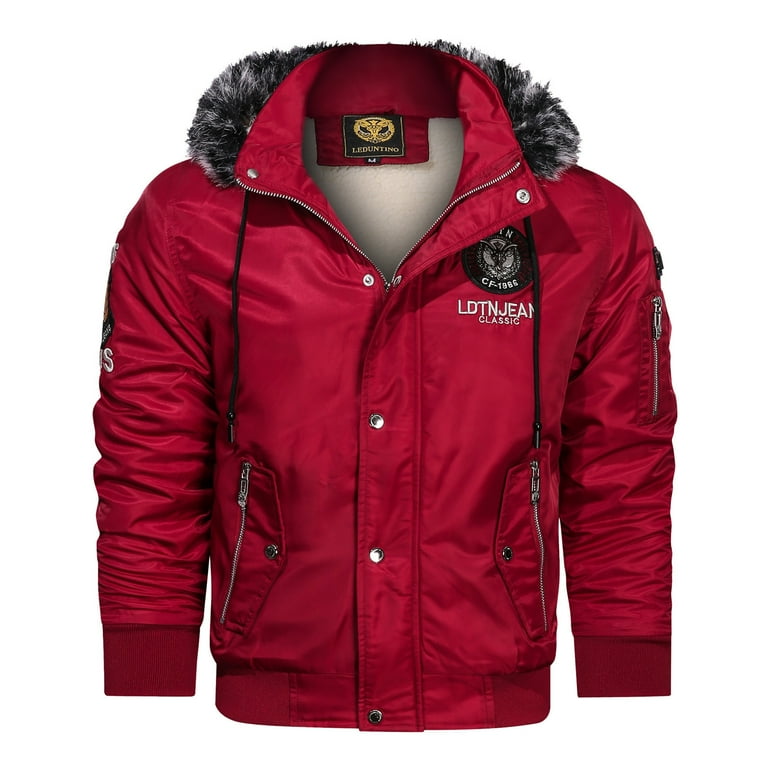 Red bomber jacket with fur hood sale