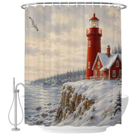 Winter Red Lighthouse Shower Curtain for Bathroom, Modern Coastal Farmhouse Forest Snow Birds Waterproof Cloth Fabric Bathroom Accessories Set with 9 Rust Proof Plastic Hooks, 36"x72"