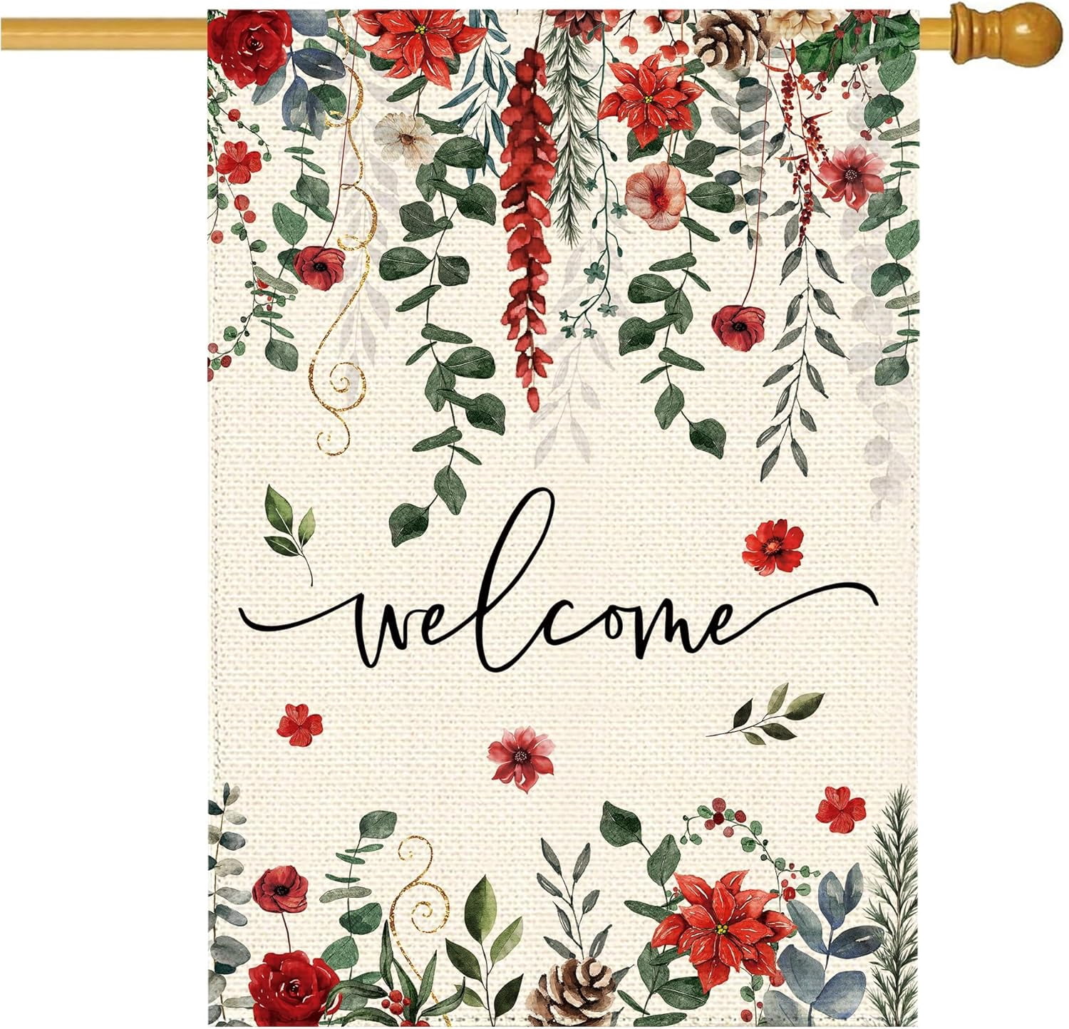 Winter Red Poinsettia Welcome Garden Flag 28x40 Inch Double Sided, Xmas Berry Burlap Large Yard Flag Winter Floral Farmhouse Flags Seasonal Patio Outdoor Outside Decoration
