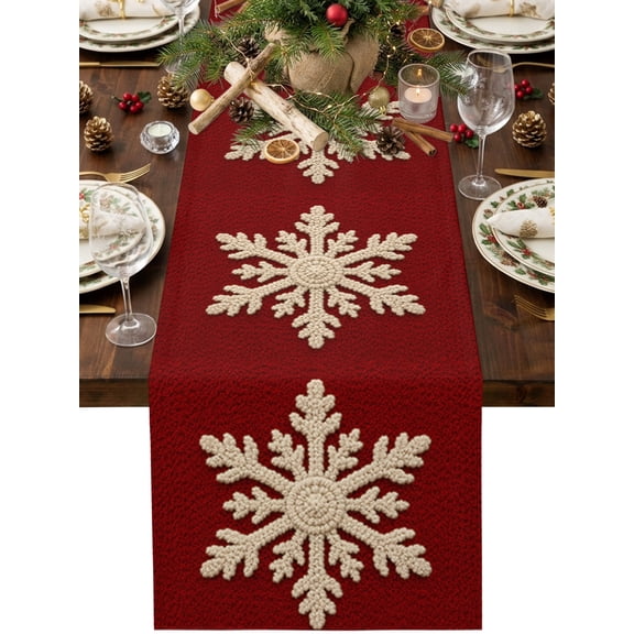 Winter Red Snowflake Table Runner 36 Inches Long, Christmas Country Farmhouse Rustic White Snow Cotton Linen Dining Table Runner Dresser Scarves for Home Kitchen Party Decor 13"x36"