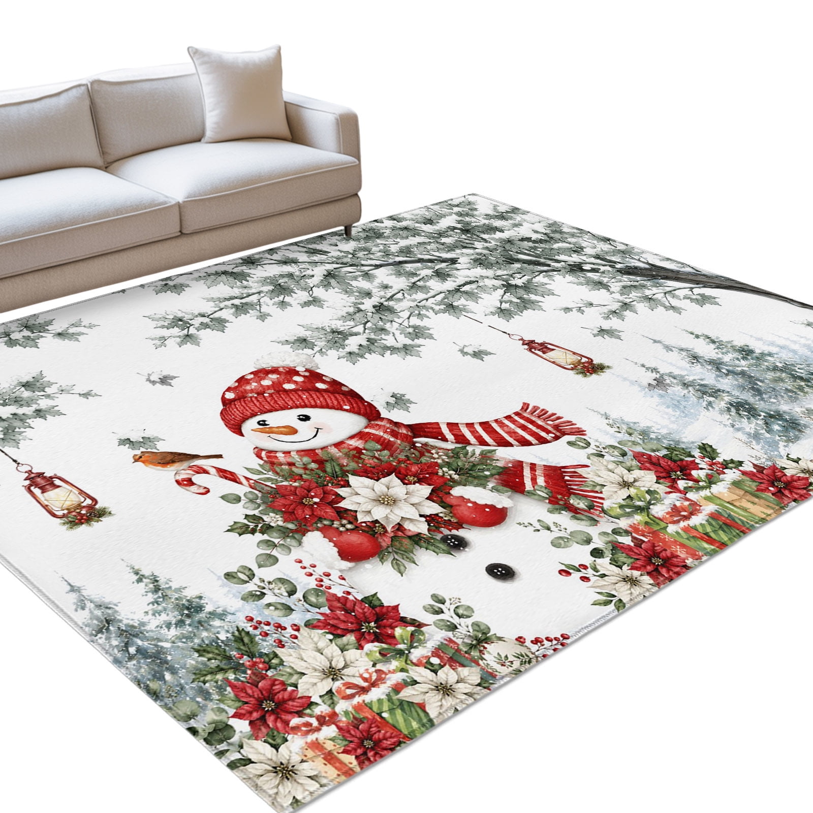 Winter Red Snowman Area Rug 8'x10', Christmas Green Maple Tree Red ...