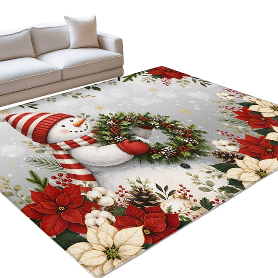 Winter Red Snowman Area Rug 9'x12', Christmas Berry Pine Cone Wreath ...