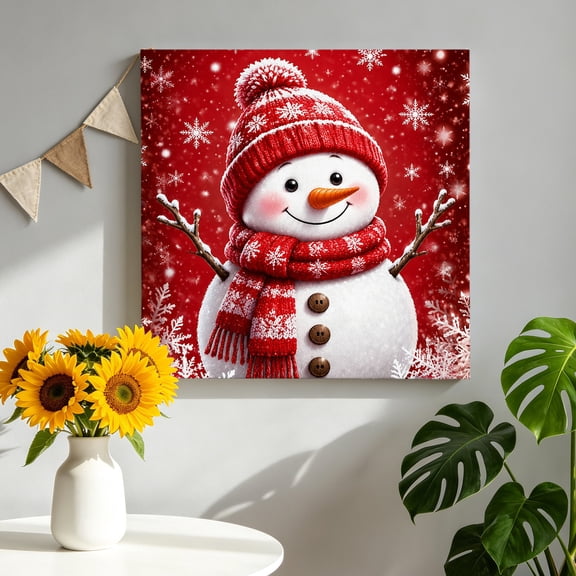 Winter Red Snowman Canvas Wall Art, Christmas Farmhouse Country Snowflake Scarf Hat Pictures Wall Decor Wooden Framed Artwork Art Prints for Living Room Hallway Bedroom Office 8"x8"