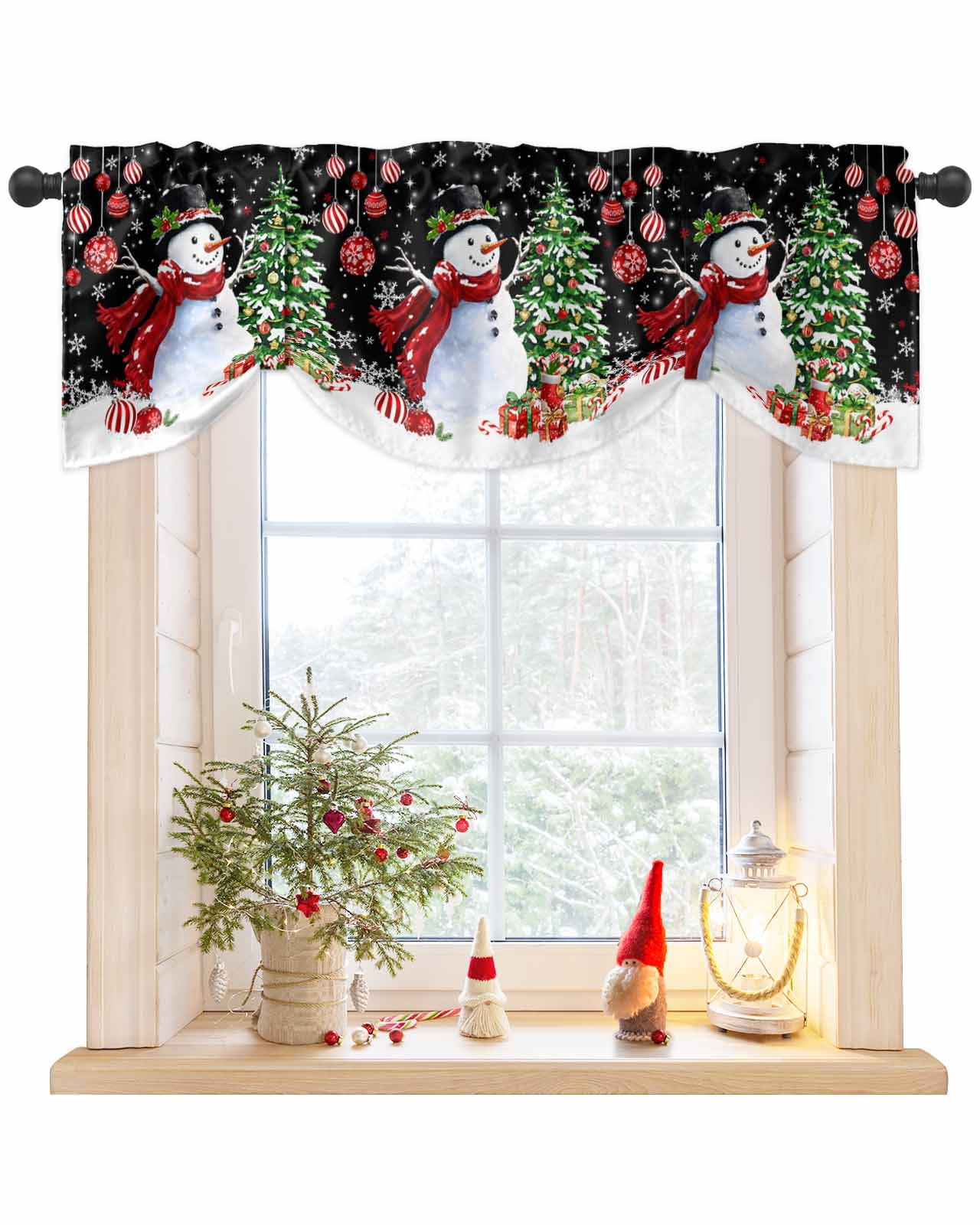 Winter Red Snowman Christmas Ball Tie Up Valance Curtain for Kitchen