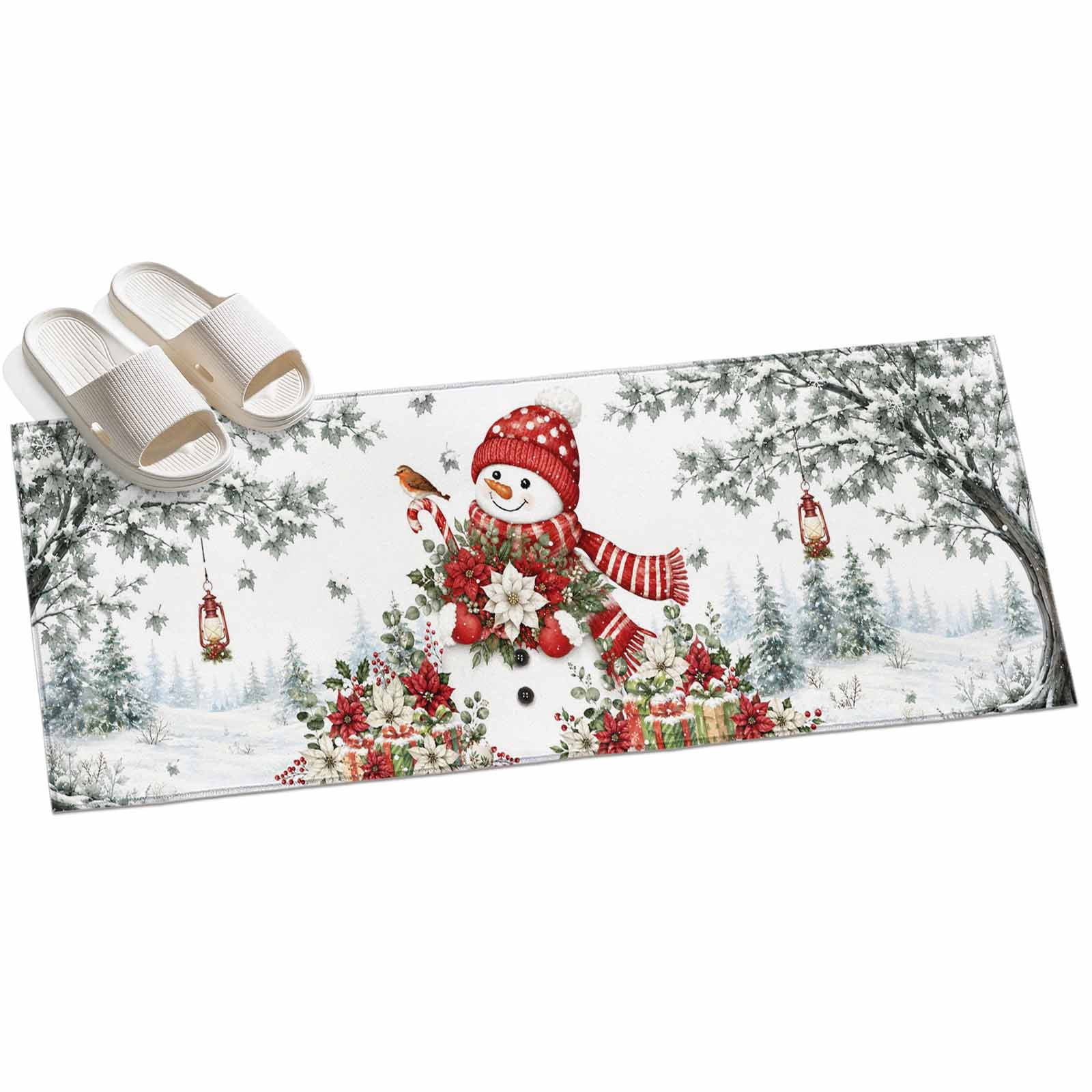 Winter Red Snowman Runner Rug 2.6'x10', Christmas Green Maple Tree Red ...