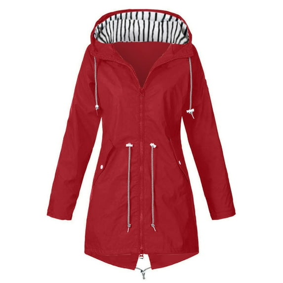 Winter Red Solid Raincoat Hooded Outdoor Rain Windproof Jacket Women’S Jackets Women'S Coat