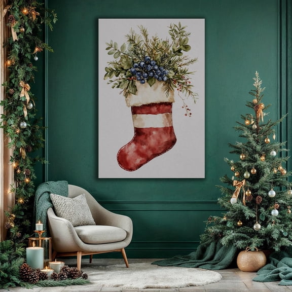 Winter Red Stocking Wall Art Festive Greenery With Berry Clusters Poster Motif Decor Winter Gift Ready To Hang, Unframed Poster Size 16x24