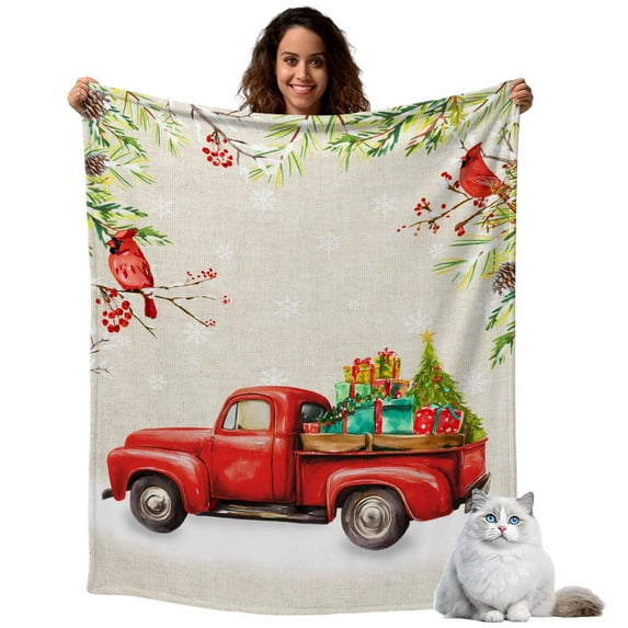 Winter Red Truck Flannel Blanket for Bed,Travel and Camping, Cardinal Bird Linen Berry Pine Cones Super Soft Cozy Blanket for All Seasons 50"x80"