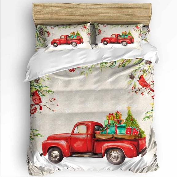 Winter Red Truck Full Size Comforter Set, Cardinal Bird Linen Berry Pine Cones Soft Bedding for All Seasons, 4 Pcs Bed Set with 1Comforter (86"x86") ,1 Sheet(80"x116"), 2 Pillowcases (19"x29")