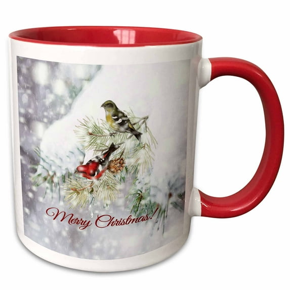 Winter Red and Yellow Birds on Snowy Pine Tree Branch, Merry Christmas 11oz Two-Tone Red Mug mug-301979-5