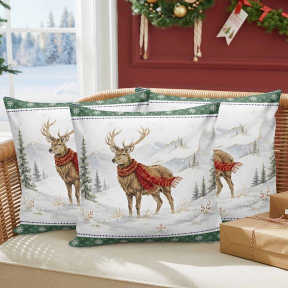 Winter Reindeer Outdoor Waterproof Throw Pillow Covers Set of 2, 20"x20", Christmas Nordic Snowy Mountains Pine Forest Decorative Pillow Covers Outside Cushion Case for Patio Porch Garden