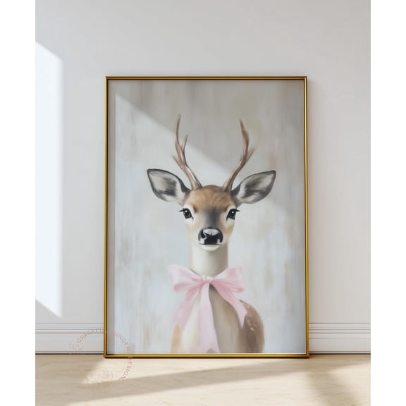Winter Reindeer Print, Deer With Pink Bow, Modern Farmhouse Art Home Decor #2496, Unframed Poster Size 8x12