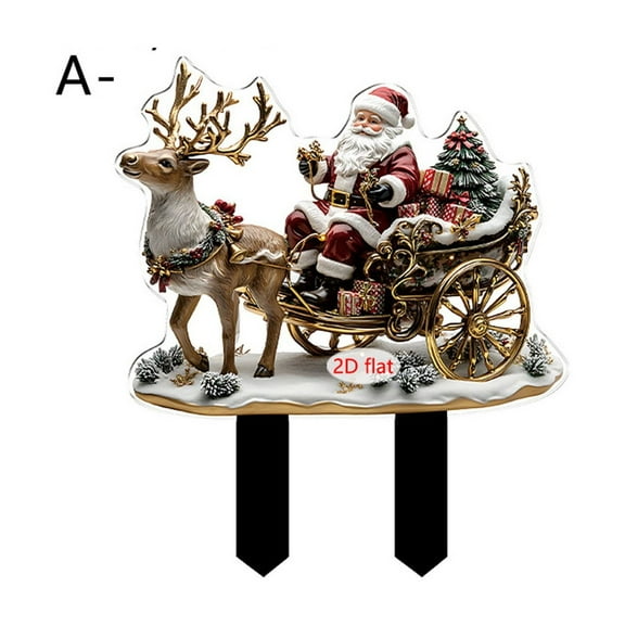 Winter Reindeer Sled Santa Claus Outdoor Garden Decoration Stake, 2D Flat Ground Insertion Christmas Yard Sign for Holiday Lawn, Pathway, and Entrance Décor