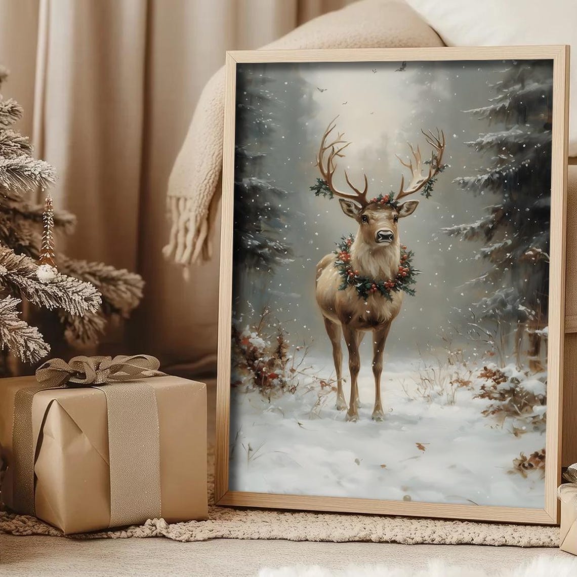 Visual Reference: Winter Reindeer Wall Art Nordic Snow Forest Poster Winter Deercozy