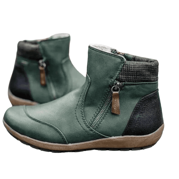 Winter Retro Leather Patchwork Martin Boots for Women - Comfortable Flat Sole Zip-Up Design, Plus Size Ladies' Ankle Boots, Versatile for Daily & Office Wear