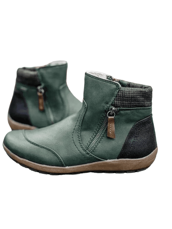 Winter Retro Leather Patchwork Martin Boots for Women - Comfortable Flat Sole Zip-Up Design, Plus Size Ladies' Ankle Boots, Versatile for Daily & Office Wear