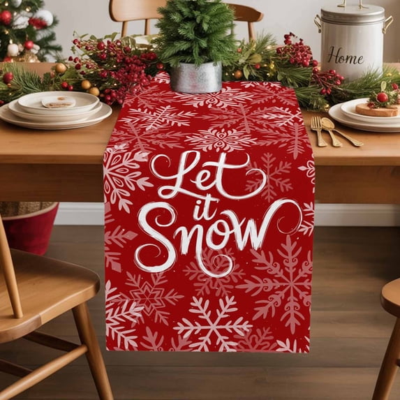 Winter Retro Snowflake on Red Table Runner 13x60in Non-Slip Cotton Linen Table Runners, Merry Christmas Dresser Scarves TableRunner for Dinner Kitchen Dining Wedding Party