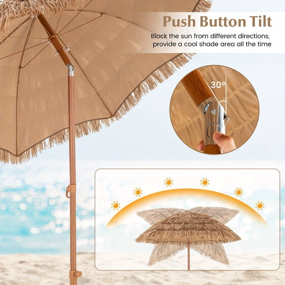 Winter Rhythm 6.5ft Thatched Tiki Umbrella with Foldable Stand - Hawaiian Style, Push Button Tilt, UV Protection, Portable Sunshade for Tiki Bar, Garden, Patio, Pool & Beach