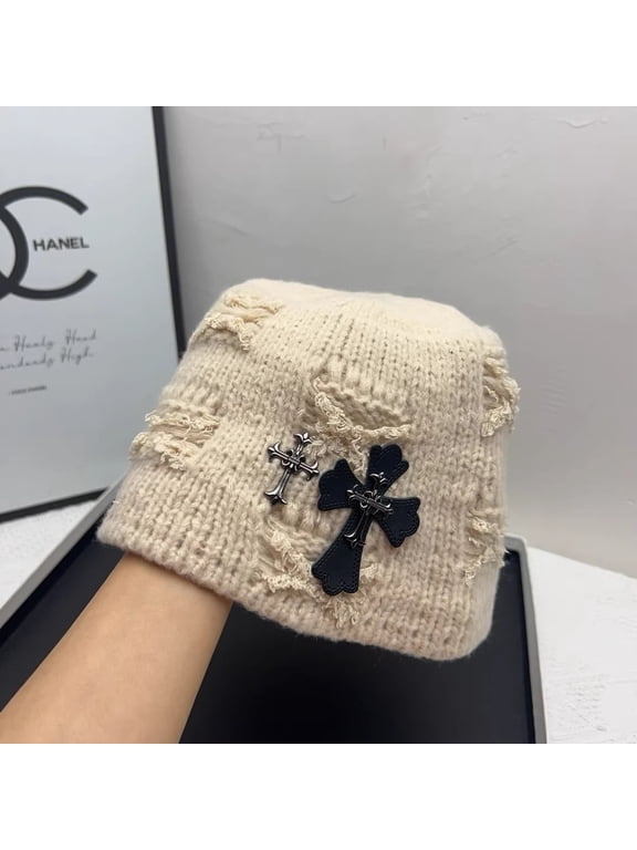 Winter Ripped Beanies for Men Retro Cross Pattern Skull Cap Unisex Hip Hop Knitted Hat Outdoor Womens Warm Skiing Hat
