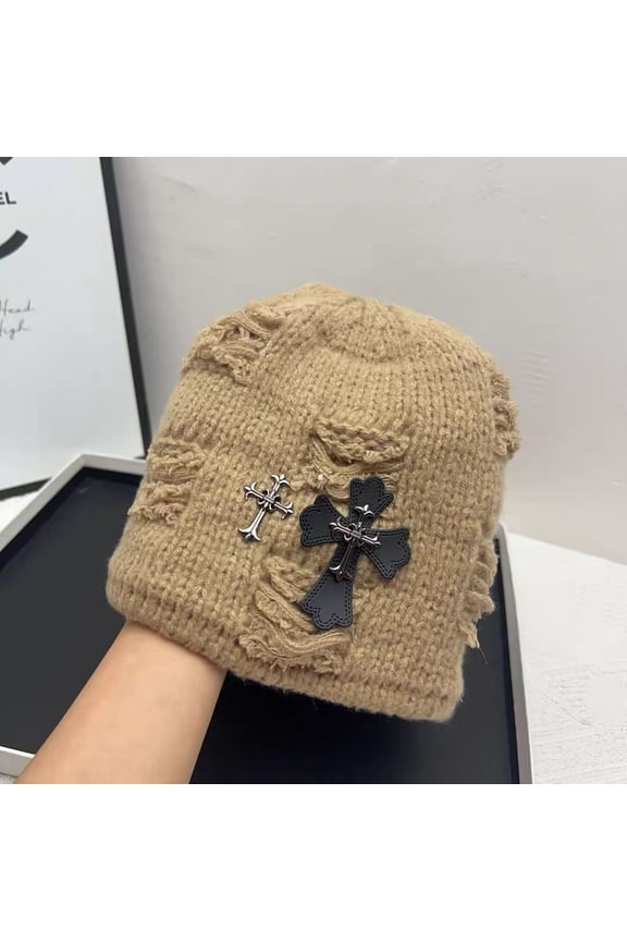Winter Ripped Beanies for Men Retro Cross Pattern Skull Cap Unisex Hip Hop Knitted Hat Outdoor Womens Warm Skiing Hat