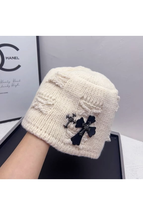 Winter Ripped Beanies for Men Retro Cross Pattern Skull Cap Unisex Hip Hop Knitted Hat Outdoor Womens Warm Skiing Hat