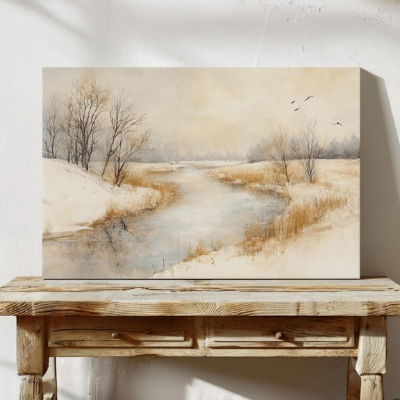 Winter River Landscape - Serene Nature Art With Bare Trees, Snowy Fields, And Soft Neutral Tones Wall Art, Modern Wall Decor, 8x12 UNFRAMED