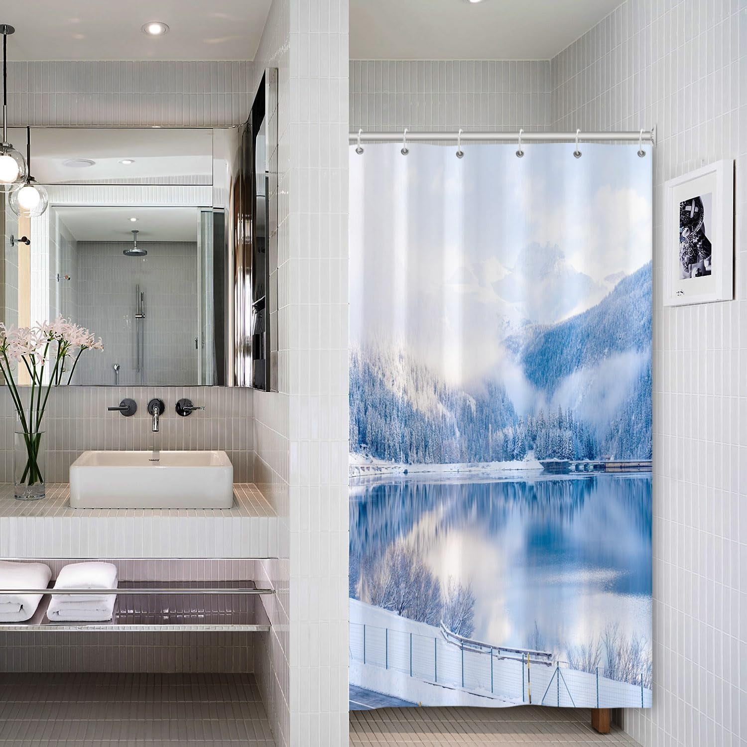 Winter Riverside Bathroom Curtains Shower Set Nature View Snow Moutain Lake Bath Curtains Shower with Hooks Winter Holiday Waterproof Shower Curtain Set 36x72 Inch for Bathtubs Bath Decors