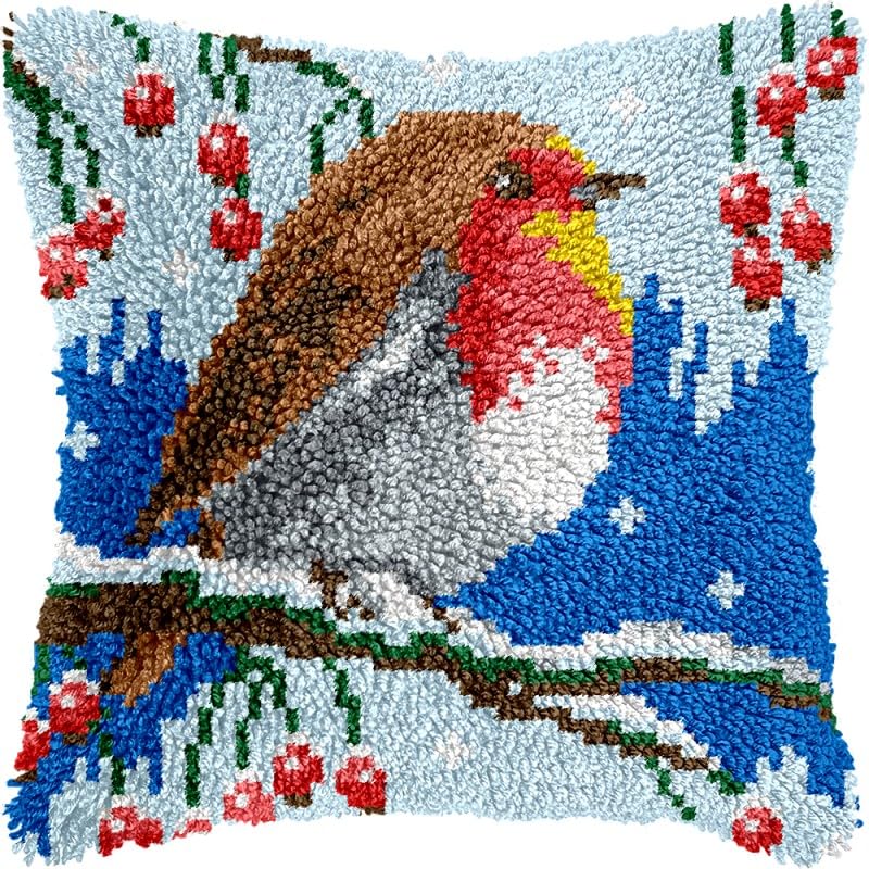 Winter Robin Bird Latch Hook Pillow Kits Pillow Cover with Pattern Printed Canvas Crochet Cross Hooking Pillowcase Cushion Crafts Embroidery Latch Hooking Crochet Kits 17x17 inch(18)