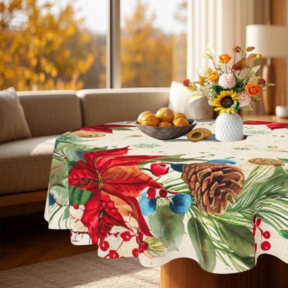 Winter Robin Bird Red Poinsettia and Pinecone Xmas Pattern Round Tablecloth, Polyester, 35/50/60/70 inch, For Indoor Party & Home Decor