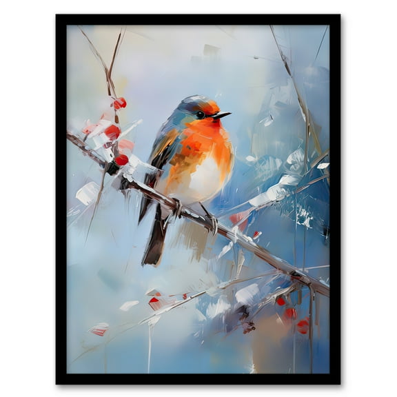 Winter Robin Bird on Tree Branch Oil Painting Art Print Framed Poster Wall Decor 12x16 inch