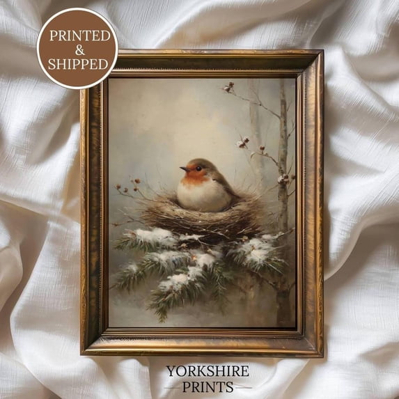 Winter Robin Nest Poster, Rustic Christmas Bird, Cottagecore Decor for ...