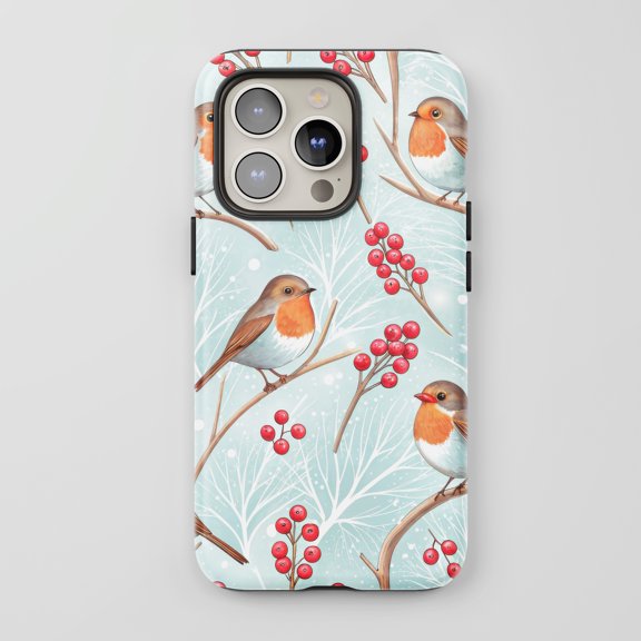Winter Robins Berries For All iPhone Series Tough Phone Case Watercolor Blue