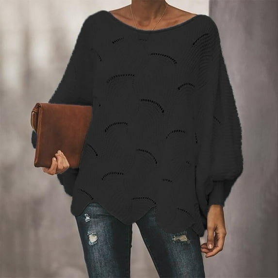 Azrian Loose Knit Batwing Sleeve Sweater with Lace Detailing - Women's Color Casual Hollow Chain Link Loose Knitted Sweater Sweater